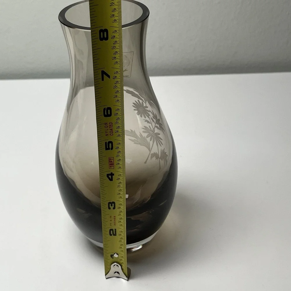 Caithness Smoky Art Glass Bud Vase Etched Floral Signed Made In Scotland Vintage